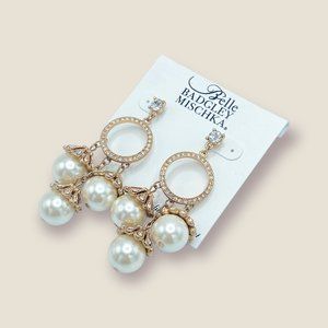 NEW Badgley Mischka Rhinestone Gold Hoop Pearl Tassel Statement Earrings